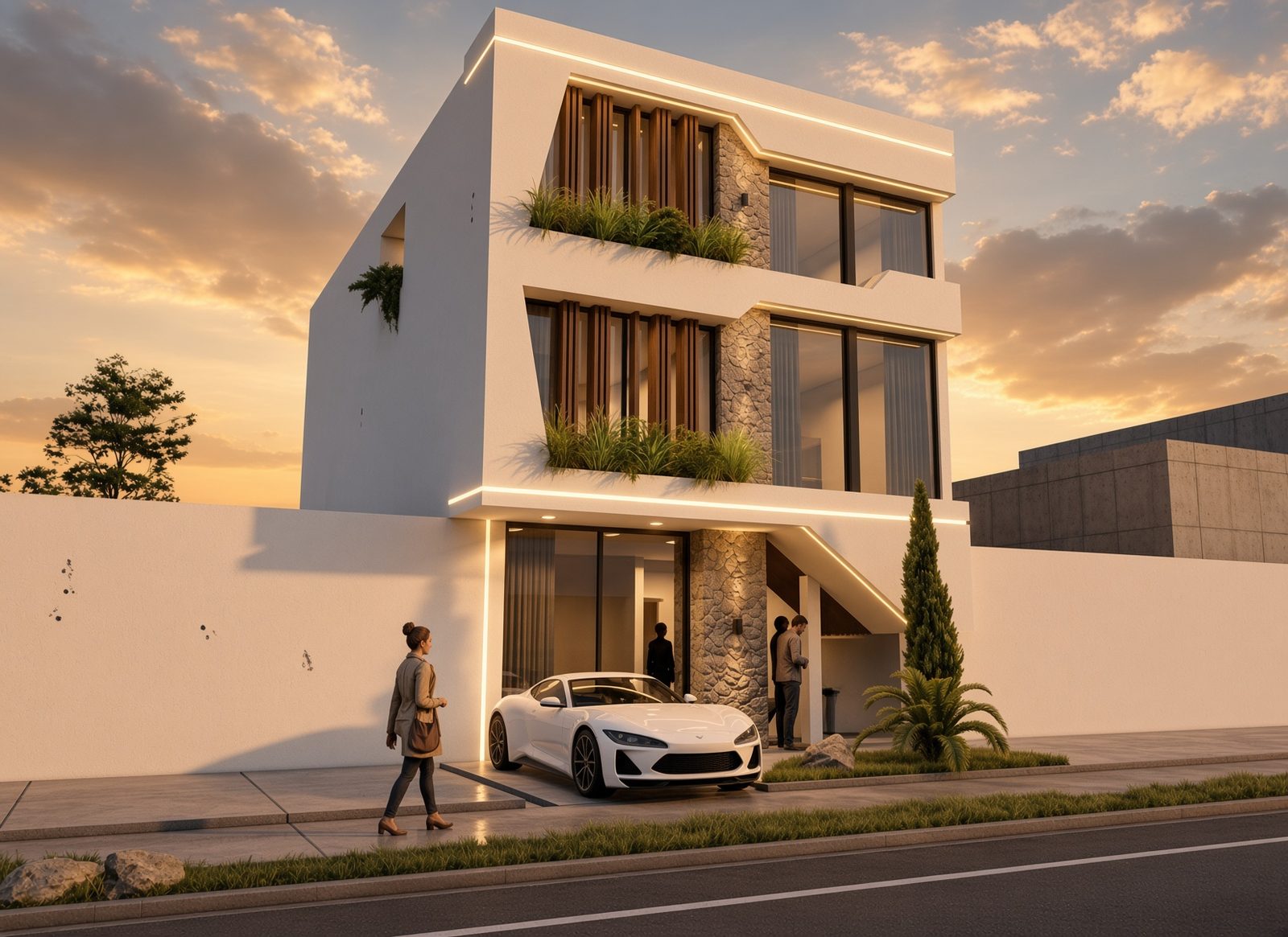 Casa urbana de tres plantas al atardecer, con jardineras en voladizo y un auto blanco en el umbral.